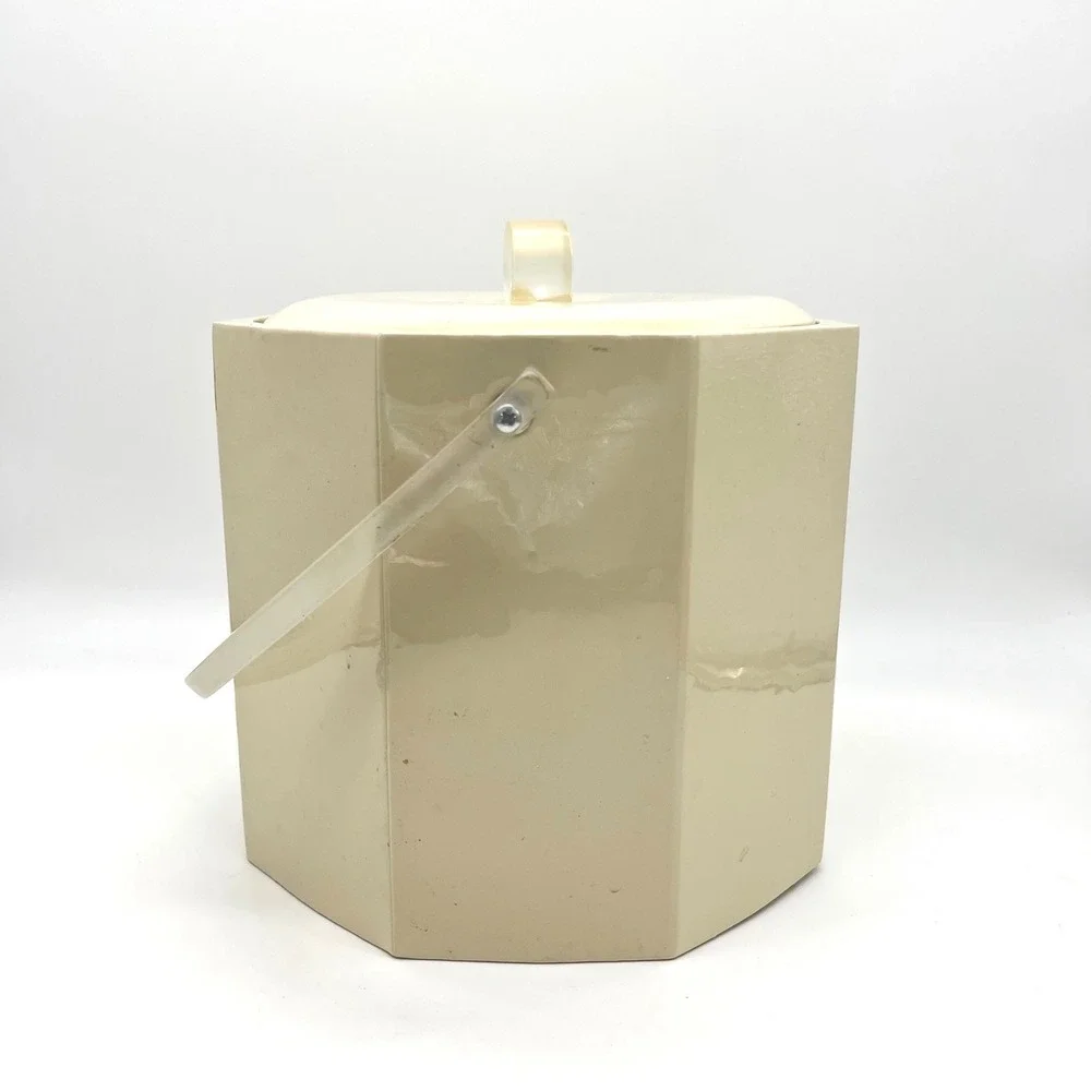 Vintage Georges Briard Ice‎ Bucket Beige Octagon Acrylic Handle Lid Mid Century